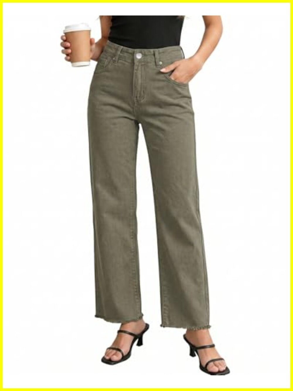 High Waisted Stretchy Straight Leg Jeans Frayed Raw Hem Denim Pants